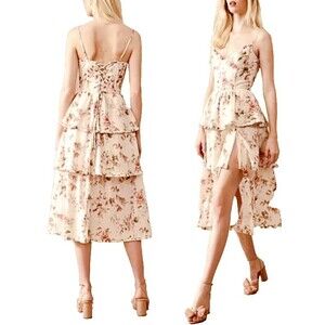 House of Harlow Pink Floral Linen Blend Tiered Midi‎ Dress Sz M NWOT